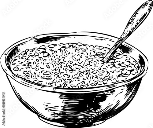 Vector illustration of a bowl of oatmeal with a spoon; ideal for food-related designs and recipes