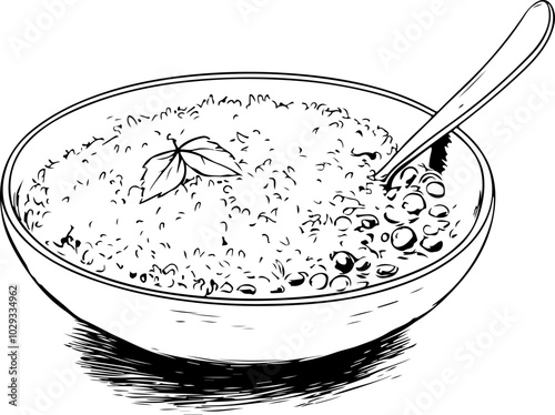 Hand-drawn vector illustration of a bowl of rice with a spoon, featuring intricate details and a tasteful design, ideal for culinary themes.