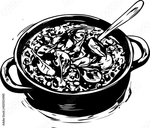 Black and white vector illustration of a pot of stew, showcasing aromatic ingredients and a spoon, ideal for culinary design projects.