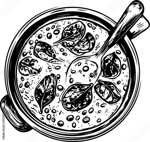 Detailed vector illustration of a bowl of soup with leaves, perfect for culinary designs and menus.