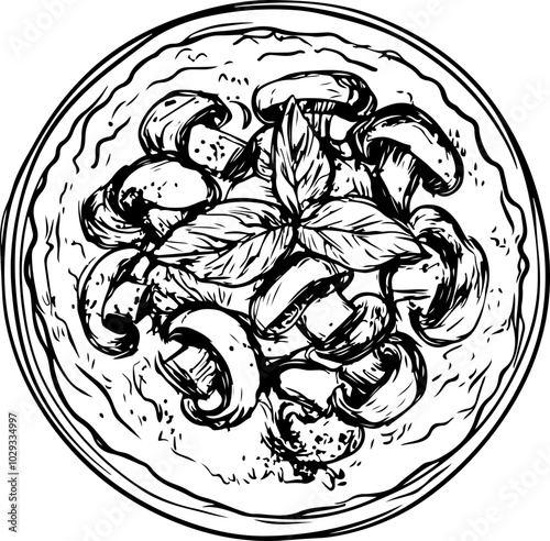 Sketch-style vector illustration of mushrooms on a plate, featuring intricate details and a fresh basil garnish, ideal for culinary designs.