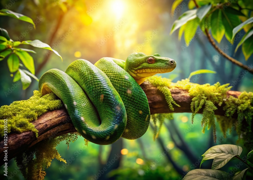 Naklejka premium Vintage Green Tree Python in Jungle - Serene Nature Photography