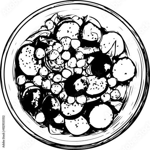 Hand-drawn vector illustration of a bowl filled with various fruits, showcasing intricate details in black and white; ideal for food-related designs.