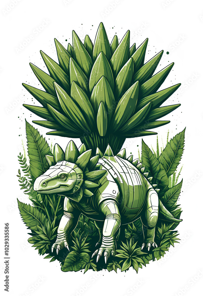 Obraz premium Futuristic Robotic Stegosaurus with Giant Leaf in Eco-Tech Green Illustration