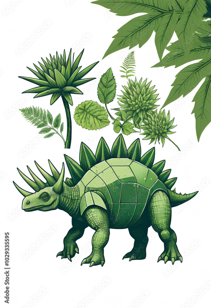 Obraz premium Cute Stegosaurus Surrounded by Vibrant Green Flora in Whimsical Illustration