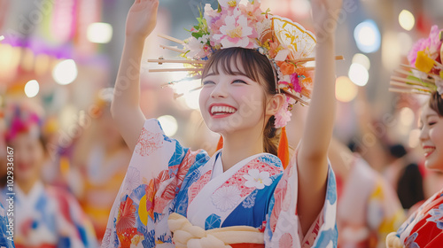 The lively Awa Odori parade, female dancers raise their hands with big smiles, they wear traditional kasa hats, Ai generated images photo