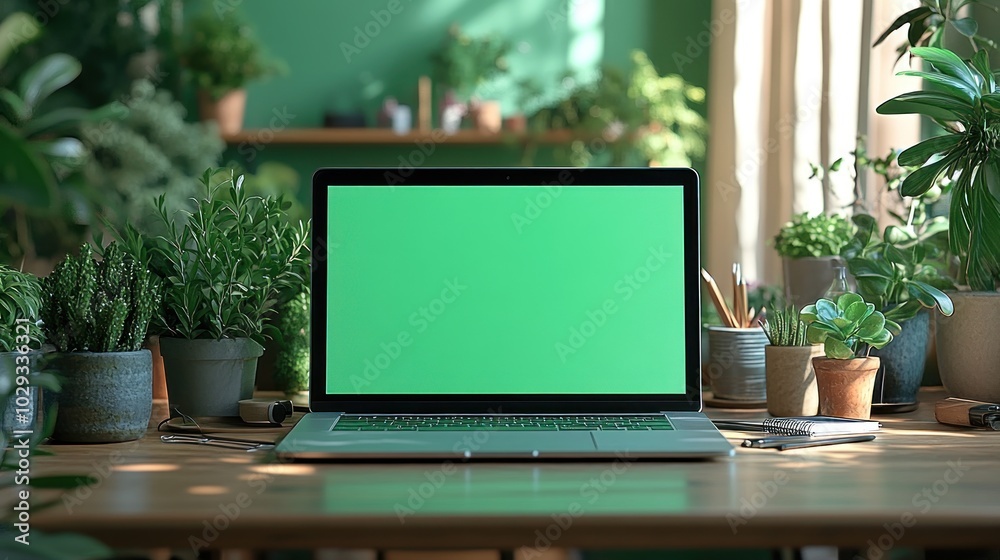 A laptop on a wooden desk surrounded by various green plants in a bright room. A laptop on a wooden desk surrounded by various green plants in a bright room.