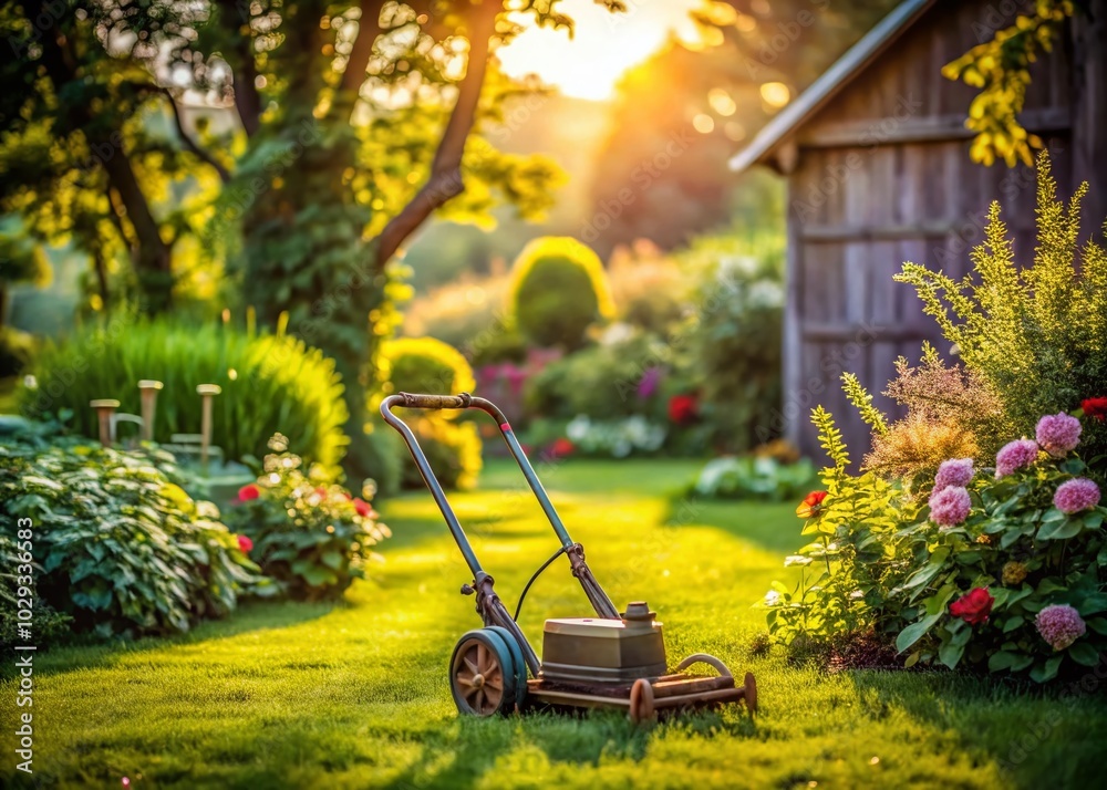 Fototapeta premium Vintage Lawn Care: Charming Mowing Scenes in Retro Style