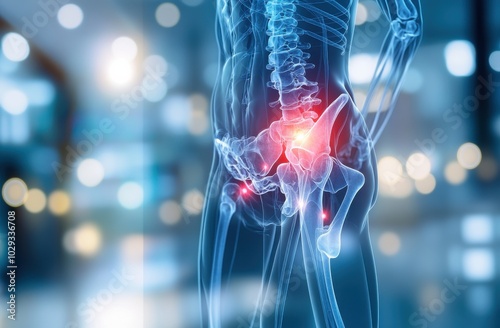 Digital medical illustration highlighting pain in the pelvic area of a human skeleton