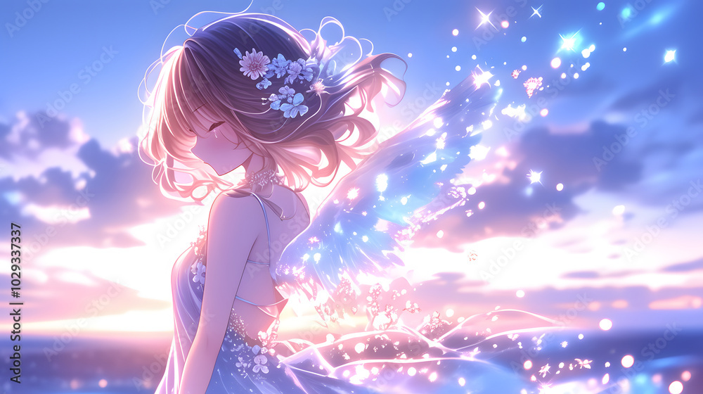 Enchanting winged girl adorned with flowers in a fantasy landscape. Enchanting winged girl adorned with flowers in a fantasy landscape.