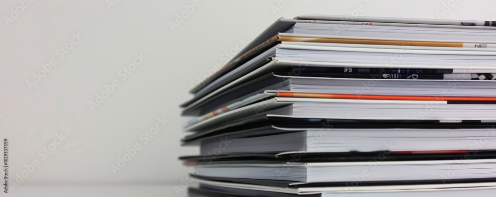 Stack of magazines on white background, 4K hyperrealistic photo Stack of magazines on white background, 4K hyperrealistic photo