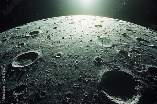 Surface of the Moon showing craters under ethereal light from space photo