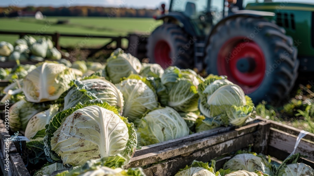 Obraz premium Freshly Harvested Cabbages in a Wooden Crate with a Tractor in the Background