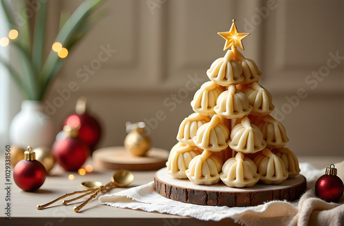 New Year tree made of dumplings on the counter on a festive minimalist background. dumplings and Chinese kont on the red paper with white space photo