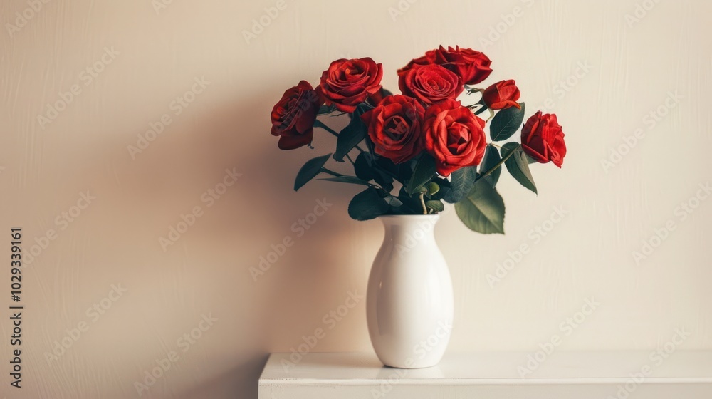 A bouquet of red roses in a white vase on a white shelf A bouquet of red roses in a white vase on a white shelf