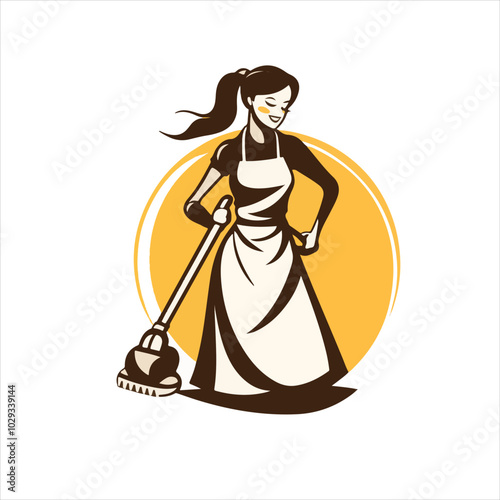 Simple logo of a housekeeper, with a vacuum cleaner on a white background.