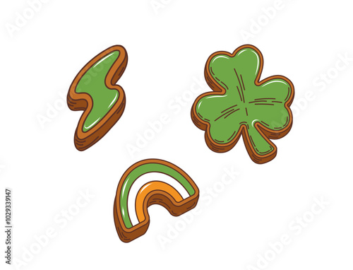 Cartoon groovy Irish cookies, saint Patrick day shamrock or clover, lightning flash and rainbow holiday pastry dessert. Isolated vector sweet delightful Ireland treats with glaze or icing and biscuit