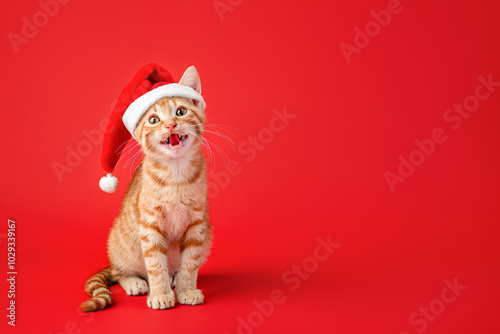 Happy ginger cat in a red Santa Claus hat sitting on red background