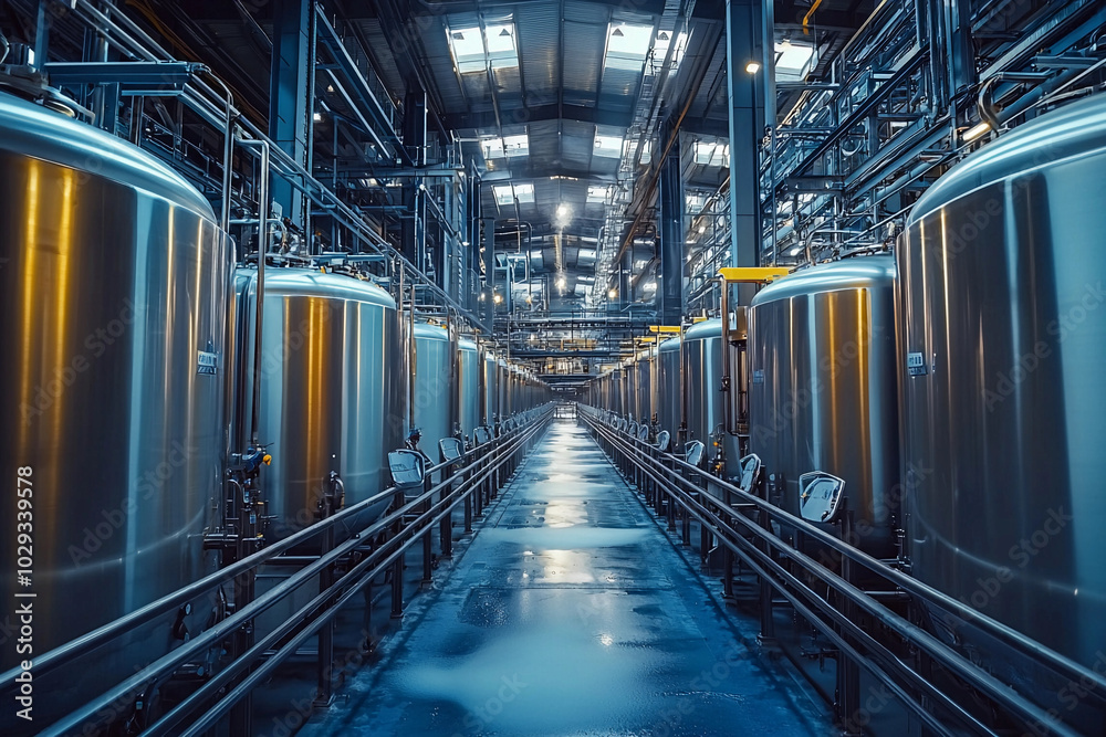 Modern brewing facility with stainless steel tanks in bright lighting Modern brewing facility with stainless steel tanks in bright lighting