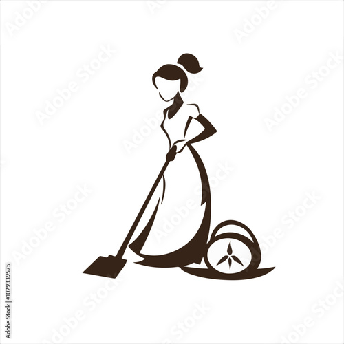 Simple logo of a housekeeper, with a vacuum cleaner on a white background.