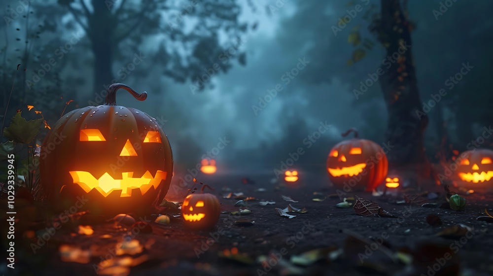 Fototapeta premium Glowing jack o' lanterns on ground, dark forest night, foggy atmosphere, Halloween photorealistic.