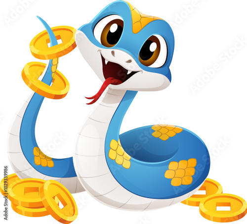 Cartoon snake character with cheerful expression, surrounded by gold coins conveys joy, prosperity and celebration, representing the Chinese New Year. Cute blue and yellow reptile symbol of 2025 year