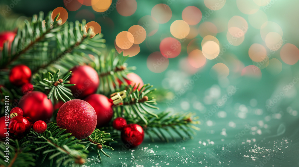 Red christmas baubles on a fir branch, bokeh fairy light, banner, background or greeting card, winter season Red christmas baubles on a fir branch, bokeh fairy light, banner, background or greeting card, winter season