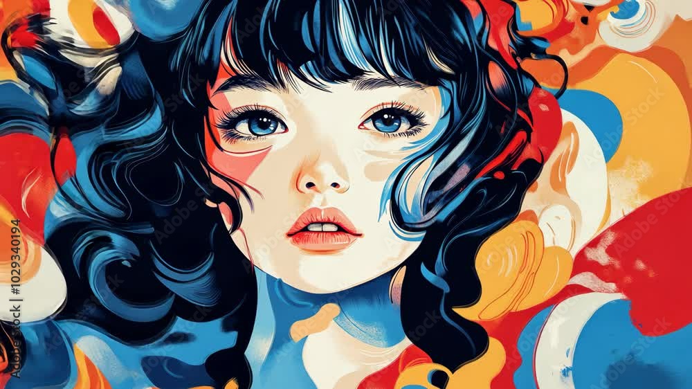 A digital illustration of a woman with blue eyes and black hair, surrounded by colorful abstract shapes A digital illustration of a woman with blue eyes and black hair, surrounded by colorful abstract shapes
