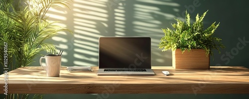 Modern workspace featuring a laptop, coffee cup, and greenery, illuminated by natural light and shadow patterns. photo