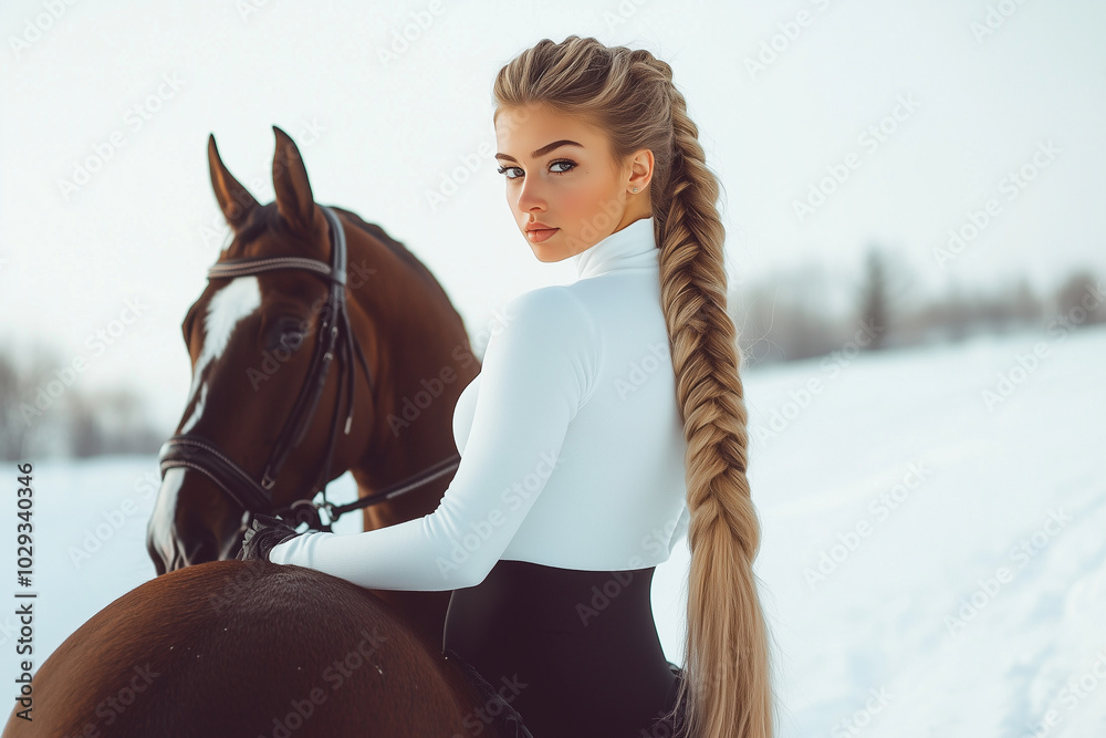 Obraz premium Blonde braided horse girl in a white sport long sleeve top and black leggings
