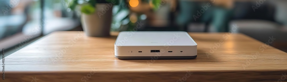 Sleek white device sits on a wooden table, showcasing modern design and connectivity in a cozy indoor setting.