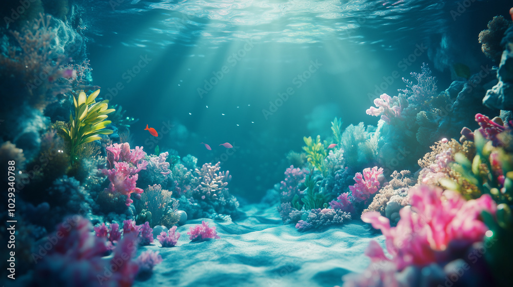 Naklejka premium Głębiny oceanu, gdzie z każdym metrem woda staje się coraz ciemniejsza, a światło zanika powoli, tworząc atmosferę ciszy i tajemniczości. 