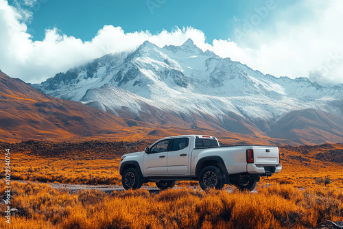 White pickup truck driving along the picturesque snowy mountain highway on a bright autumn day.	