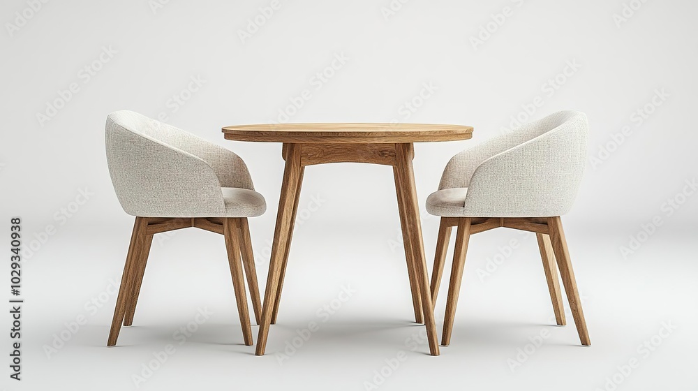 Modern wooden table with two elegant chairs on a minimalistic background, perfect for dining or office settings.