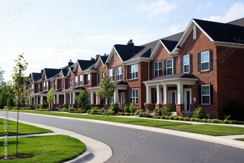 Modern Condo Complex with Brick Facades and Two-Story Row Houses in American Suburban Community