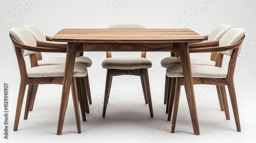 Elegant wooden dining table with stylish chairs, perfect for modern interiors and family gatherings.