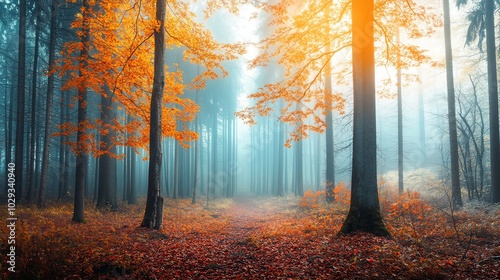 foggy morning in a forest with colorful autumn leaves and golden sunlight.