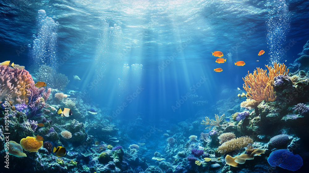 Fototapeta premium Głębiny oceanu, gdzie z każdym metrem woda staje się coraz ciemniejsza, a światło zanika powoli, tworząc atmosferę ciszy i tajemniczości. 