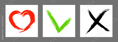 The cross, heart and OK symbol are hand-drawn with a brush. Prohibition, denial, error. Love. Approval, consent. Vector, set of 3 characters
