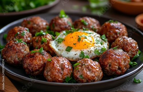 Mini Meatballs Plate with Sunny Side Up Egg Center