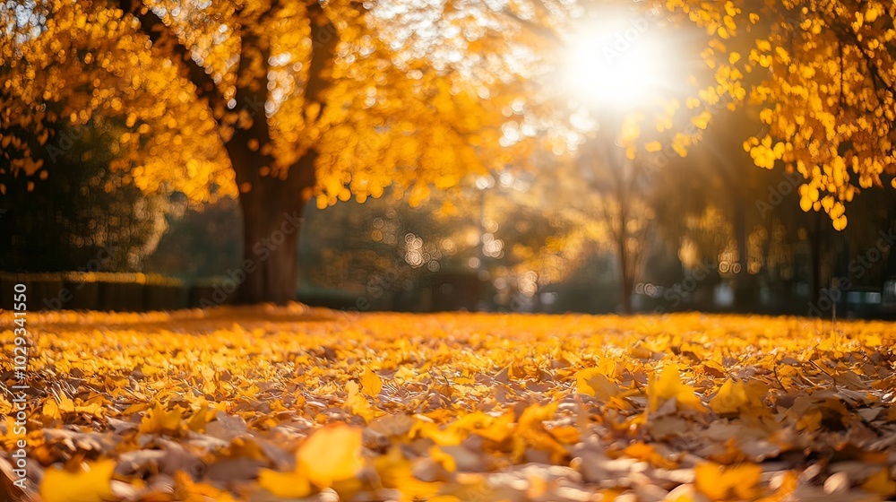 Obraz premium Golden autumn leaves blanketing a city park on a sunny day.