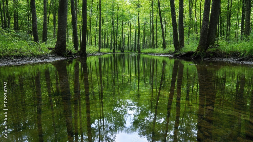 Tranquil Forest Reflection in Clear Water Tranquil Forest Reflection in Clear Water