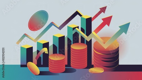 Abstract illustration of rising bar charts, coins, and arrows, symbolizing financial growth, investment success, and economic progress, with modern, clean lines and vibrant colors. photo