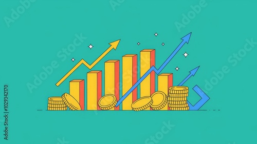 Abstract illustration of rising bar charts, coins, and arrows, symbolizing financial growth, investment success, and economic progress, with modern, clean lines and vibrant colors. photo