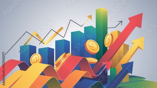 Abstract illustration of rising bar charts, coins, and arrows, symbolizing financial growth, investment success, and economic progress, with modern, clean lines and vibrant colors. photo