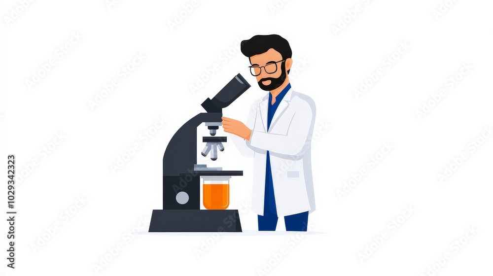 Scientist at Work: A detailed illustration of a focused scientist meticulously using a microscope in a modern lab setting. Scientist at Work: A detailed illustration of a focused scientist meticulously using a microscope in a modern lab setting.