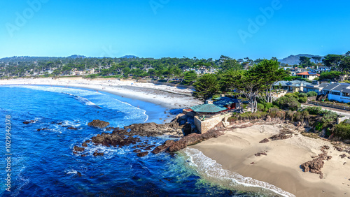 Fototapeta Naklejka Na Ścianę i Meble -  panoramic drone view of Carmel by the sea, California with city and beach