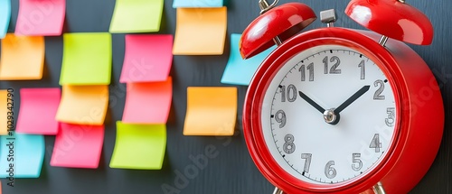 A vibrant red alarm clock beside colorful sticky notes on a blackboard, symbolizing time management and organization. photo