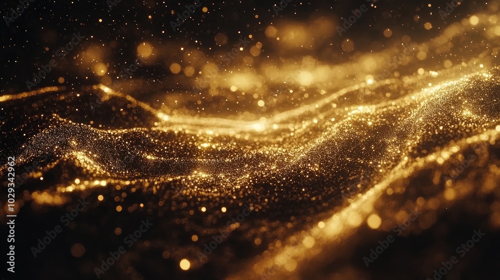 Flow of golden particles floating in a dark void, creating a captivating visual effect Flow of golden particles floating in a dark void, creating a captivating visual effect