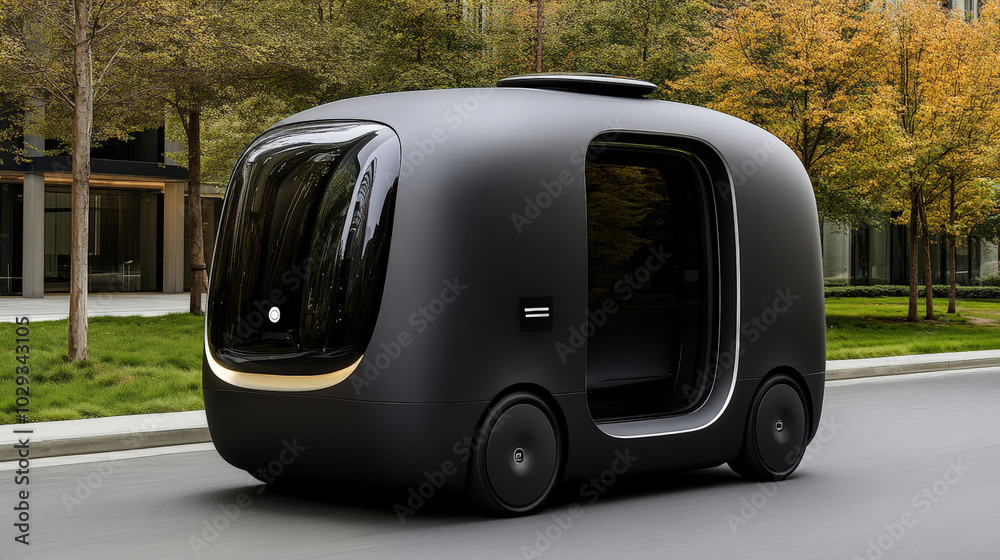 Futuristic Self-Driving Pod: Sleek and modern, this autonomous vehicle glides through an urban setting, embodying the future of transportation. Futuristic Self-Driving Pod: Sleek and modern, this autonomous vehicle glides through an urban setting, embodying the future of transportation.